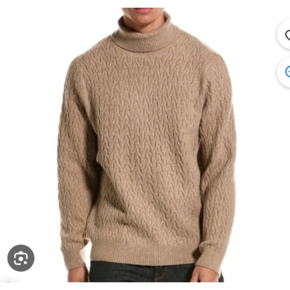 Magaschoni Taupe Cable Knit Turtleneck Sweater‎ preppy 90s sz L